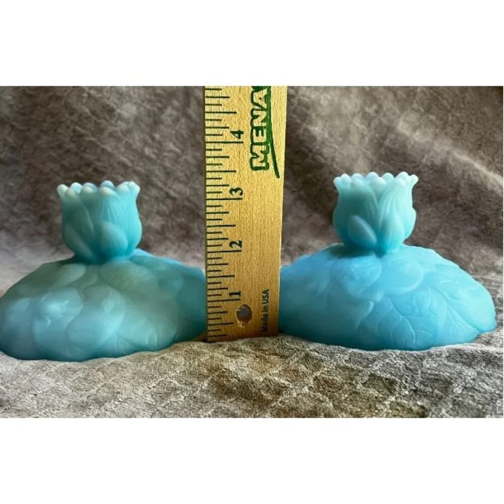 2 Vintage Fenton blue satin glass candleholders with‎ lily of the valley pattern